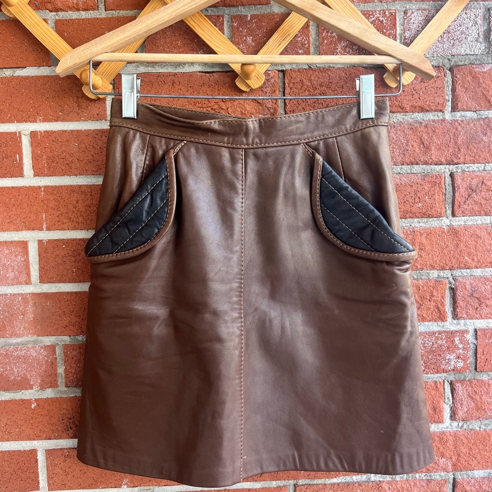 Vintage Wolff of Canada Brown Leather Mini Skirt with Pockets